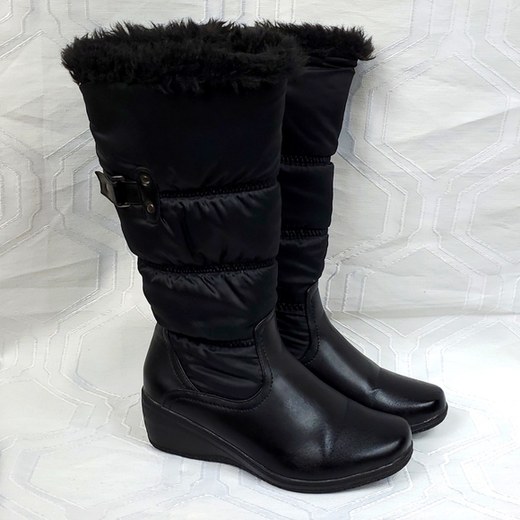 Black Calf length Wedge Heel faux fur lined Winter Boots Size 5 (6) - Picture 1 of 9